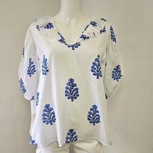 Saule Parc Blouse Size L India Stamped Floral Puff Sleeve Preppy Cotton Preppy